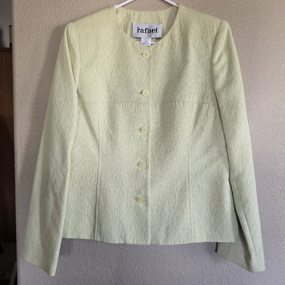 Rafael 2-Piece Skirt Suit Set –‎ Size 6 – Light Yellow/Green Textured Vintage